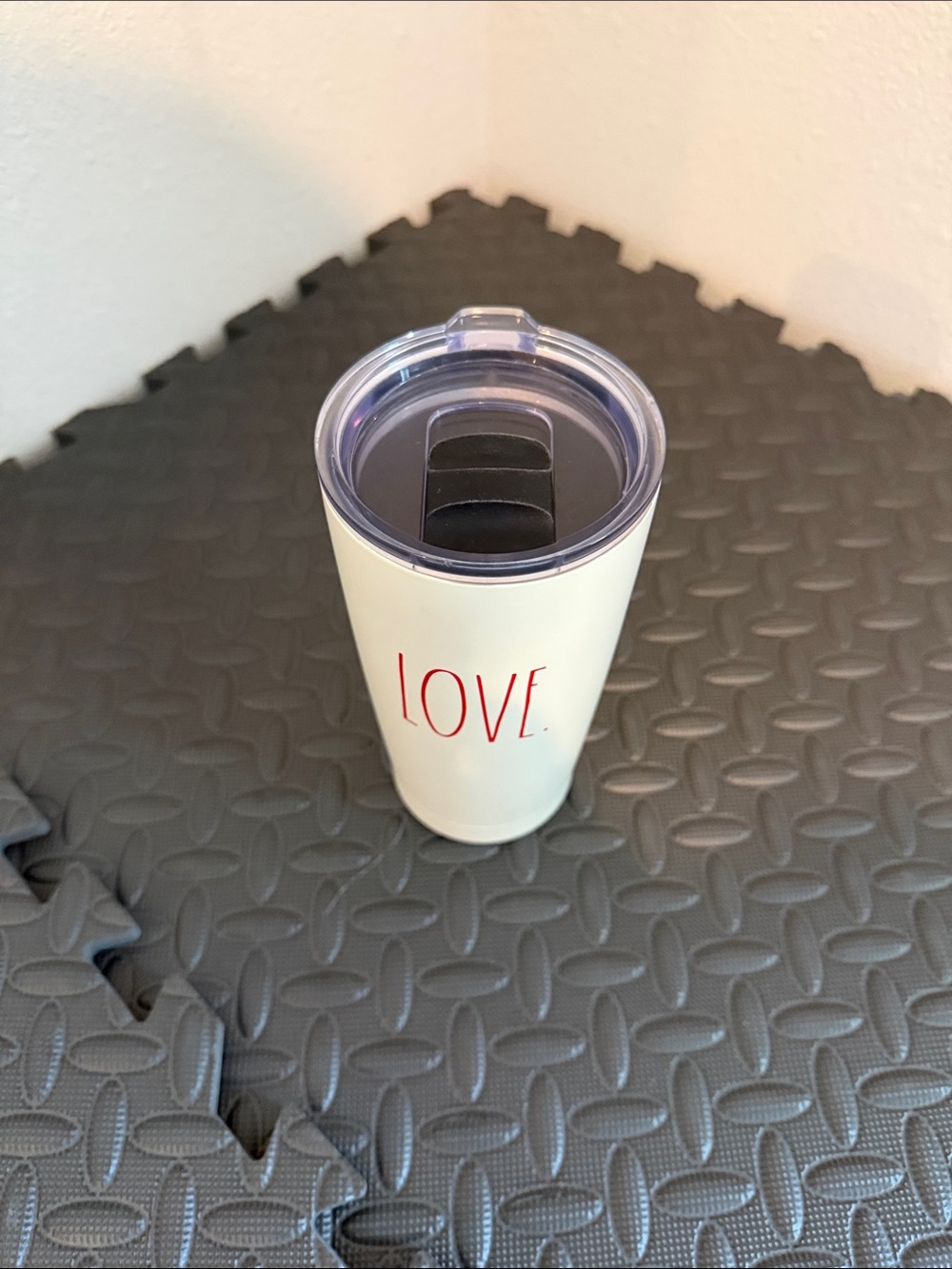 Rae Dunn White Travel Tumbler with Red LOVE Lettering and Clear Lid
